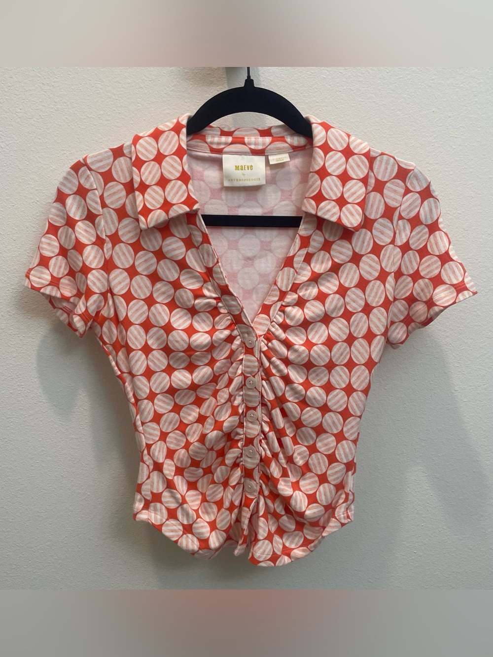 Anthropologie Maeve Orange and White Cotton Polka Mod Dot Button-Down Blouse